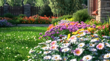 Obraz premium Flowers In Yard. Beautiful Spring Garden with Blooming Flowers and Lush Lawn Grass, 3D Illustration