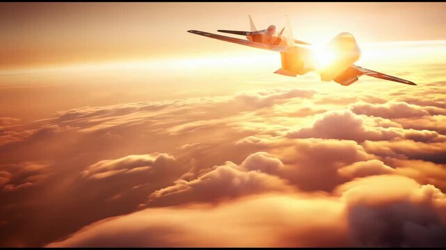 Two fighter jets flying above the clouds at sunset.