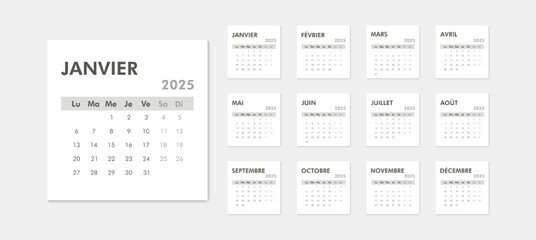 2025 calendar modern on French language. Week starts on Monday