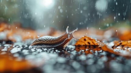 A detailed close-up of a slug navigating wet ground as rain falls, surrounded by leaves marking the transition of seasons, representing resilience in nature.