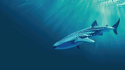 Fototapeta premium Stunning illustration of whale shark swimming in deep blue ocean under sunlight