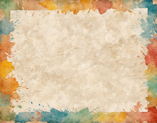 Textured vintage paper background. Paint splashes in shades of orange, blue, and green. Central area remains blank, showcasing personalized designs, messages, artistic creations. Watercolor effect. AI