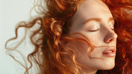Young woman with red curly hair and closed eyes