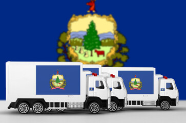 Vermont US state flag depicted on side wall of white delivery van close up. Shipping and local...