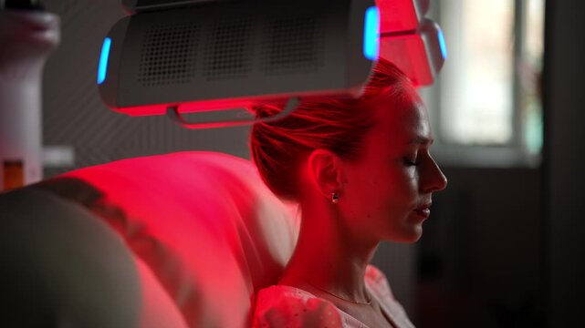 Closeup of relaxed young woman with blond hair having LED light hair photodynamic therapy during hair treatment at modern medical clinic with dark interior. Female client having non-invasive type PTD.