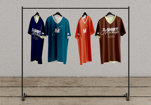 Set of Hanging V-Neck T-Shirt Mockup on Rack