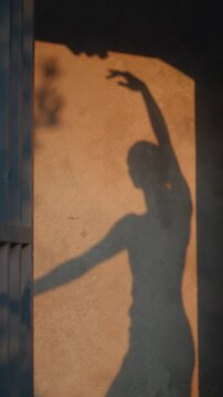Sensual woman shadow moving on building wall. Girl moving body vertically view