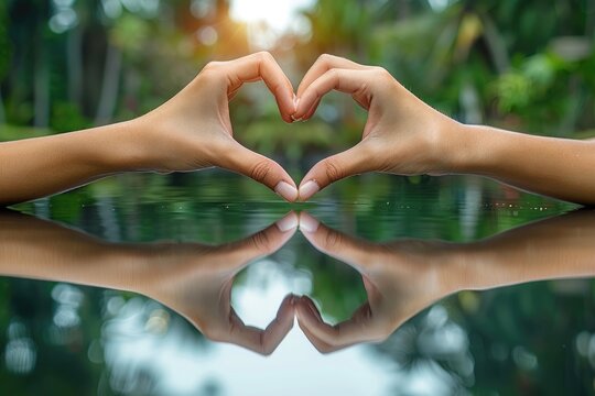 Womans hands making heart gesture in natural forest background.