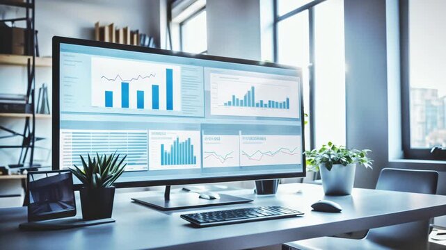 Home Office Setup with Computer Displaying Business Analytics: Remote Work, Freelancing, Technology in Business Concept. Remote Work & Technology in Business. 