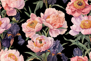 Seamless vector pattern with peony and iris flowers isolated on a changeable background.	
