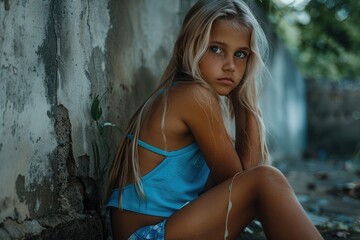 Obraz premium Sad blond girl outdoors near wall glitched photo.