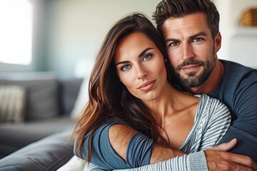 Obraz premium Emotional couple reconciles with tight hug after argument.