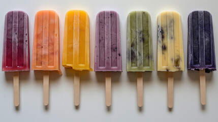 Several yummy popsicles ice creams lying in a row