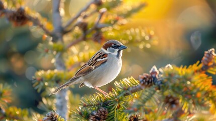 Fototapeta premium Bird Branch. Closeup of a Tree Sparrow in Nature with Vibrant Colors