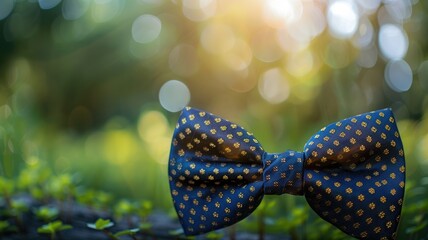 Elegant blue bow tie with gold patterns on blurred nature background