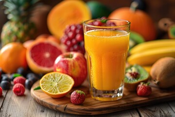 Glass of fresh juice with fresh fruits and vegitables on wooden table  healthy food