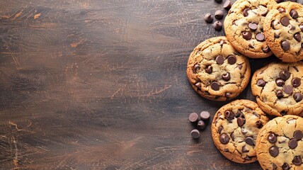 Freshly baked chocolate chip cookies on rustic wooden table