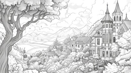 Fototapeta premium Black and white illustration of scenic village on hillside, featuring quaint houses, lush trees, distant mountains