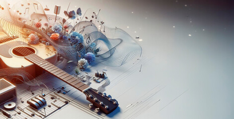 A drawing of a guitar and a blue and white picture of a blue sky
