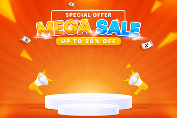 Colorful gradient mega sale background shop now with podium