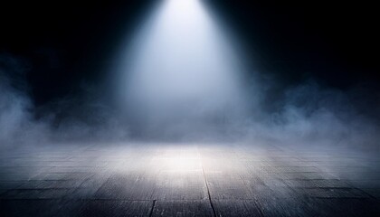 mysterious and atmospheric scene with dark empty space floor is illuminated by spotlight creating dramatic interplay of light and shadows presence of smoke or mist element of mystery ambiance