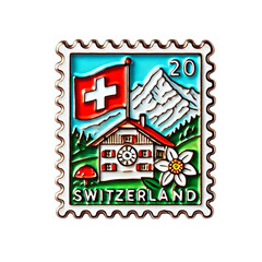 Obraz premium Enamel pin designed like a postage stamp from Switzerland, featuring the Swiss Alps and flag in red, white, and blue, isolated on white background, PNG.