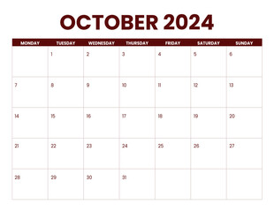 October Calendar 2024, monday start with autumn theme