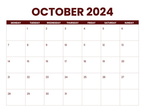 October Calendar 2024, monday start with autumn theme