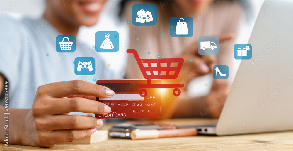 Wall mural customer hold credit card with hologram graphic interface of program. client point laptop consulting