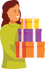 Happy woman holding stack of gift boxes for birthday or christmas