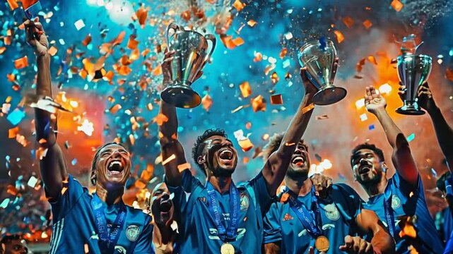 soccer players raising a cup in the air, confettis flying, only hands and cup, blue themed,generative ai