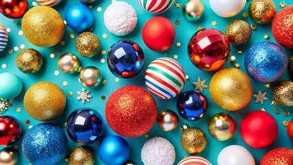 Holiday pattern with snowflakes and balls, New Year with glitter on blue background