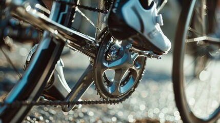 Close-up of a triathlete's bike gear.
