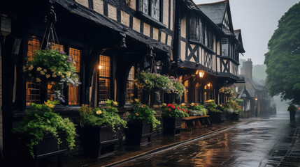 Fototapeta premium traditional pub on a rainy street of an English city, architecture, house, windows, building, England, Great Britain, Scotland, bar, hotel, lights, evening, night, paving stones, European town, puddle
