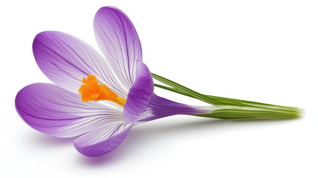 one single purple crocus saffron flower on white background