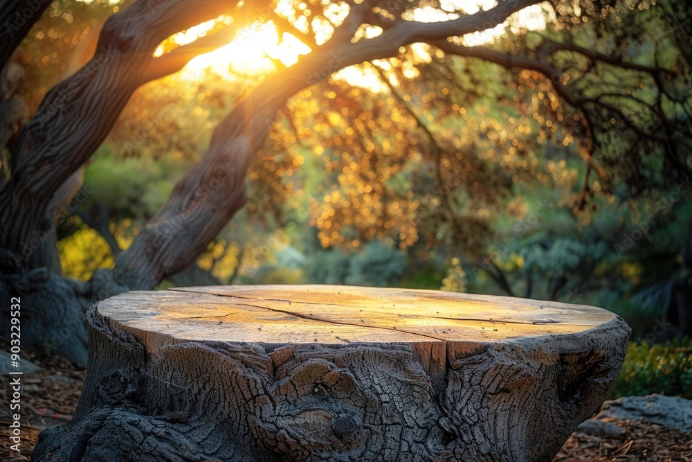 Wall mural tree trunk table in nature garden park with drooping branch.