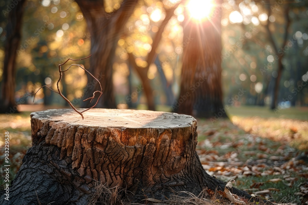 Wall mural tree trunk table in nature garden park with drooping branch.