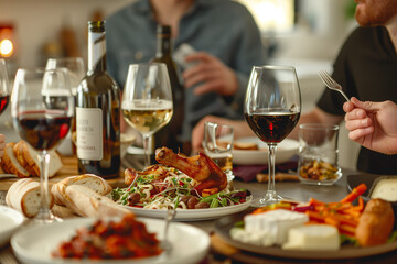 A Mediterranean lunch table with friends, glasses of wine, pasta, unrecognizable people.