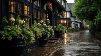 traditional pub on a rainy street of an English city, architecture, house, windows, building, England, Great Britain, Scotland, bar, hotel, lights, evening, night, paving stones, European town, puddle