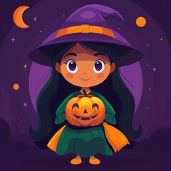 Cute Witch Holding a Jack-o'-Lantern on Halloween Night