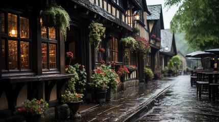 Fototapeta premium traditional pub on a rainy street of an English city, architecture, house, windows, building, England, Great Britain, Scotland, bar, hotel, lights, evening, night, paving stones, European town, puddle