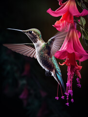 Fototapeta premium Elegant Hummingbird Hovering by Striking Pink Flowers with a Mystical Dark Background