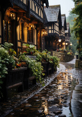 Fototapeta premium traditional pub on a rainy street of an English city, architecture, house, windows, building, England, Great Britain, Scotland, bar, hotel, lights, evening, night, paving stones, European town, puddle