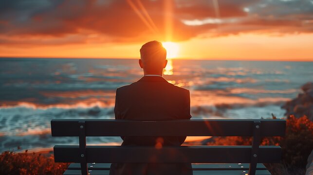 A contemplative man in a suit sits on a bench overlooking the ocean at sunset, symbolizing introspection and tranquility. 
