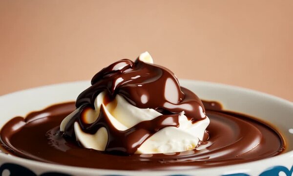 Creamy chocolate ice cream with a drizzle of chocolate sauce