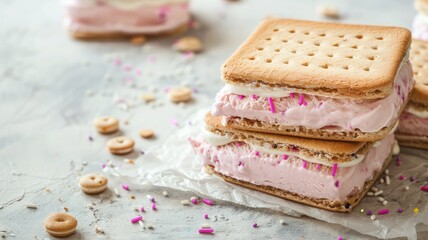 Stack of pink ice cream sandwiches with colorful sprinkles on light surface