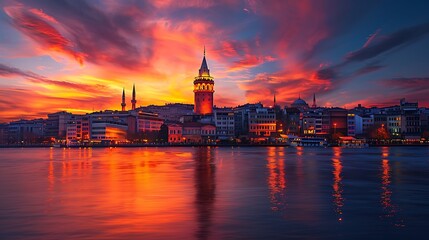 Fototapeta premium A stunning sunset view of the Galata Tower in Istanbul, reflecting vibrant colors on the water's surface. 