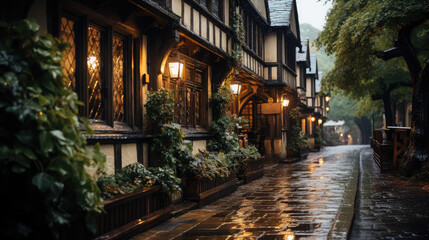 Fototapeta premium traditional pub on a rainy street of an English city, architecture, house, windows, building, England, Great Britain, Scotland, bar, hotel, lights, evening, night, paving stones, European town, puddle