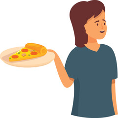 Young woman is holding a plate with a slice of pizza on it