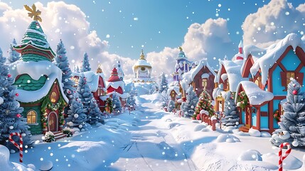 A whimsical winter wonderland scene featuring colorful snow-covered houses and pine trees, with fluffy clouds overhead and gentle snowflakes falling. 